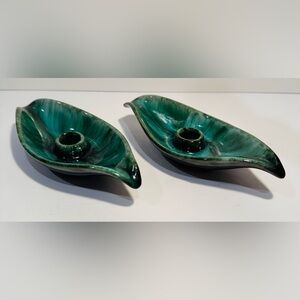 Vintage Blue Mountain Pottery Leaf Candle Holders Set of 2